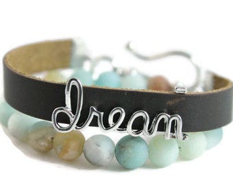 Dream Leather Wrap Diffuser Bracelet, Diffuser Bracelet, Word Bracelet, Layering Bracelet, Aromatherapy Diffuser Bracelet