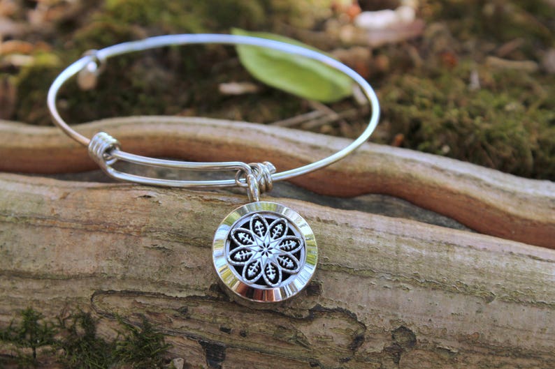 Stainless Steel Mandala Diffuser Bangle-Aromatherapy-Diffuser Bangle-Diffuser Bracelet-Essential Oils-Diffuser Pads-Gift image 1