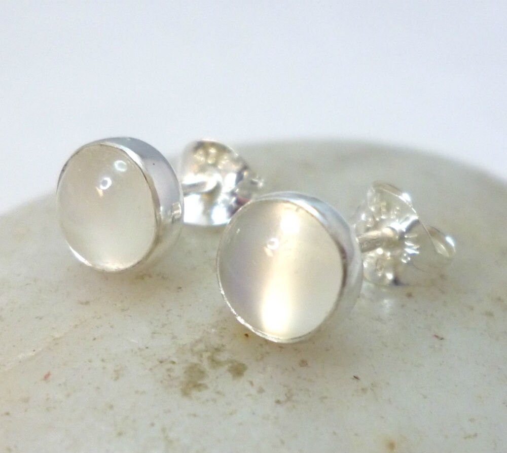 White Moonstone Stud Earrings .. 6MM Round .. Moonstone Earrings .. M…
