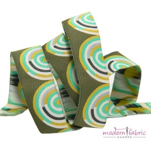 Tula Pink Chipper Vintage, Gold and Mint on Green Hypnotizer 7/8&quot; Ribbon, By the Yard