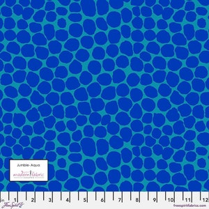 May include: Aqua blue fabric with a repeating pattern of blue circles. The fabric is labeled "Jumble-Aqua" and "modern fabric SHOPPE".