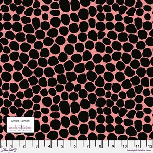May include: A pink fabric with a black pebble pattern. The fabric is called "Jumble-Salmon" and is from "modern fabric SHOPPE".