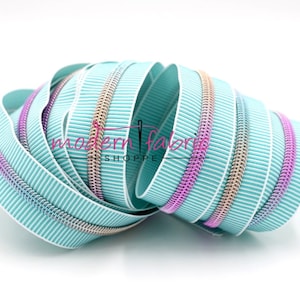 Teal/White ZEBRA Zipper #5 Zipper Tape with Rainbow Teeth with your choice of pulls- By the Yard