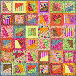 May include: A patchwork quilt featuring a grid of square blocks, each composed of smaller geometric shapes and triangles. The design incorporates a vibrant color palette of orange, pink, yellow, green, and purple, with various floral, chevron, and abstract patterns.