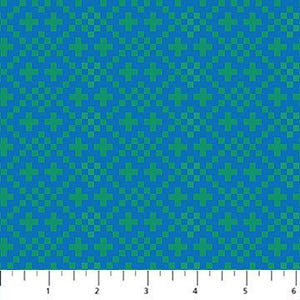 May include: Blue and green patterned fabric with a pixelated design. The fabric features a repeating pattern of small squares in shades of blue and green. A ruler is at the bottom, showing measurements in inches.