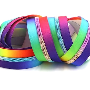 Bright Rainbow Zipper #5 Zipper Tape with Rainbow Teeth with your choice of pulls- By the Yard