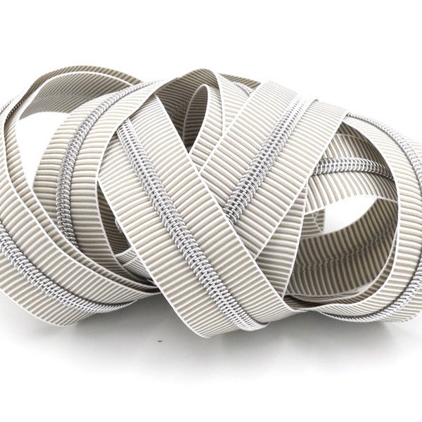 Grey/White Zipper  #5 Zipper Tape with Silver Teeth with your choice of pulls