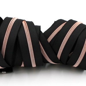 Black Zipper #5 Zipper Tape with Rose Gold Teeth with your choice of pulls- By the Yard