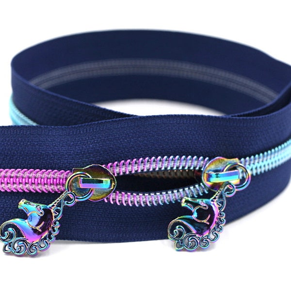 Navy #5 Zipper Tape with Rainbow Teeth with your choice of pulls- By the Yard- Unicorn Pulls are perfect with Tula Bags