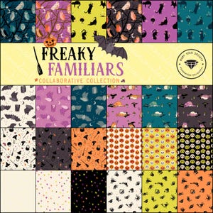 Peut inclure: Une collection de motifs de tissu sur le thème d'Halloween. Les motifs présentent des hiboux, des chats, des chauves-souris, des citrouilles et d'autres éléments effrayants. Le texte "Freaky Familiars Collaborative Collection" est affiché au centre de l'image.