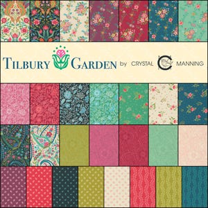 May include: A fabric swatch collection titled Tilbury Garden by Crystal Manning, featuring a grid of various floral, paisley, and vine patterns in shades of pink, red, green, blue, and cream, with a central logo and text banner.