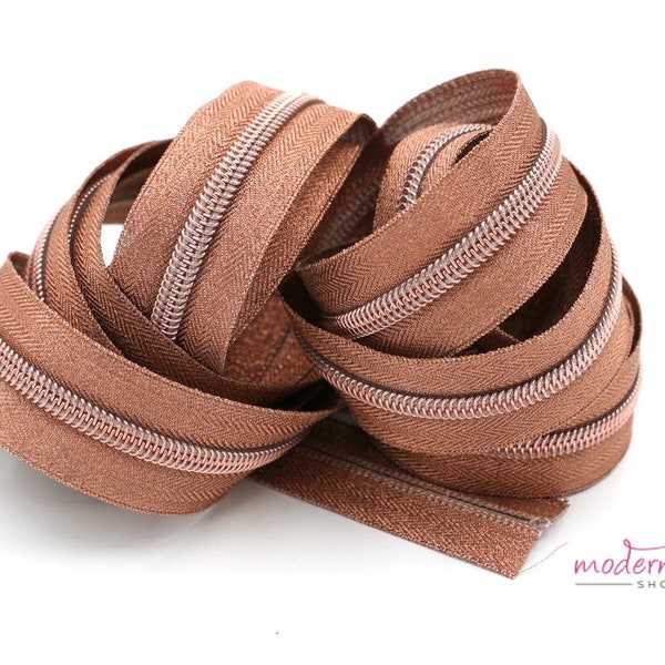 Metallic Rose Gold Silk #5 Zipper Tape with Rose Gold Teeth with your choice of pulls- By the Yard