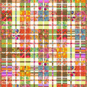 May include: A rectangular quilt featuring a grid pattern of multicoloured fabric squares. The design incorporates various prints including fruits, vegetables, chevron stripes, and abstract textures in vibrant shades of orange, pink, green, and yellow, separated by white and light green intersecting bands.