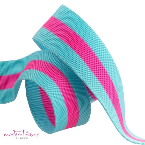 IN STOCK Tula Pink Webbing 1-1/2" (38mm) wide, Aqua and Hot Pink. By the Yard