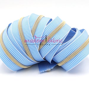 Turquoise/White ZEBRA Zipper #5 Zipper Tape with Gold Teeth with your choice of pulls