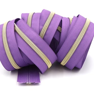 Purple  #5 Zipper Tape with Gold Teeth with your choice of pulls