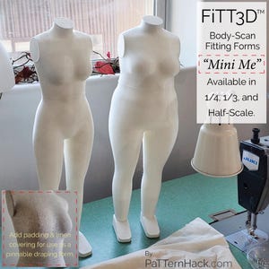 Body-Scan Mini Dress Form | Perfect For Patternmaking, Fitting | Add Padding & Linen Cover for Pinnable Draping. 1/4, 1/3, and Half-Scale.