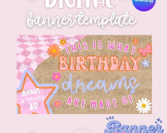 Op de afbeelding: Een digitale bannervorm met de tekst "DIGITAL banner template" bovenaan. De banner toont de zin "THIS IS WHAT BIRTHDAY dreams ARE MADE OF" in een kleurrijk, speels lettertype, met bloemen- en vlinderaccenten.