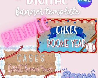 Op de afbeelding: Digitale banner templates bundel met honkbalthema. Het ontwerp bevat banners met tekst als "CASES" en "ROOKIE YEAR", een honkbalknuppel en een honkbal. De tekst "BUNDLE" is in neonroze.