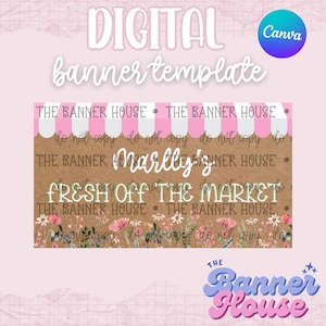 Puede incluir: Plantilla de banner digital con el texto "DIGITAL banner template" en blanco. El diseño incluye un toldo a rayas rosas y blancas, detalles florales y el texto "Marilly's" y "FRESH OFF THE MARKET". El logotipo de Canva es visible.