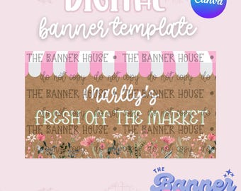 Op de afbeelding: Een digitale banner template met de tekst "DIGITAL banner template" in het wit. Het ontwerp bevat een roze en witte gestreepte luifel, bloemmotieven en de tekst "Marilly's" en "FRESH OFF THE MARKET". Het Canva-logo is zichtbaar.