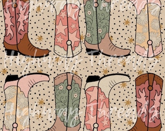 Op de afbeelding: Een naadloos patroon met zes paar cowboylaarzen met verschillende ontwerpen. De laarzen zijn in tinten roze, groen en bruin met bloemen- en sterpatronen. De achtergrond is beige met zwarte stippen en gouden sterren.