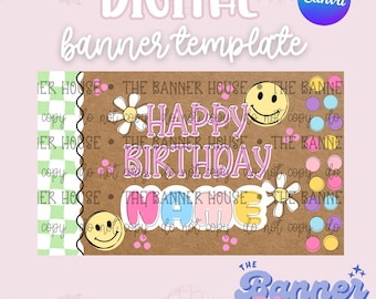 Op de afbeelding: Digitale banner sjabloon met de tekst "HAPPY BIRTHDAY NAME" in roze, blauw en geel. Het ontwerp bevat smiley gezichten, bloemen en het Canva logo. Het Banner House logo staat onderaan.