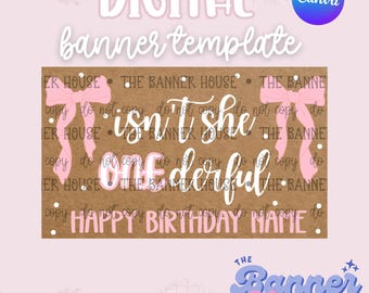 Op de afbeelding: Een digitale bannertemplate met de tekst "Isn't she wonderful" en "Happy Birthday Name" in roze en wit. De banner heeft een bruine achtergrond met roze strikken en het Canva-logo.