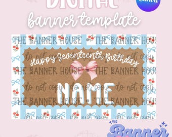 Op de afbeelding: Een digitale bannervorm met de tekst "DIGITAL banner template" in een scriptlettertype. De banner heeft een bruine achtergrond met een blauwe geschulpte rand en bloemaccenten. De tekst "happy seventeenth birthday" staat in het midden.