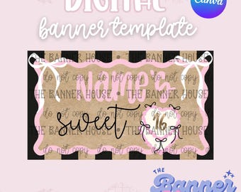Op de afbeelding: Een digitale bannervoorbeeld met de tekst "DIGITAL banner template" in het wit. De banner heeft een roze en zwarte rand met de woorden "Names Sweet 16" in roze en zwart. Het Canva-logo staat in de rechterbovenhoek.