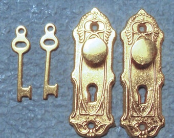 1/12th Scale Dolls House Miniatures - Brass Knob, Plate & Key Set (DIY676)