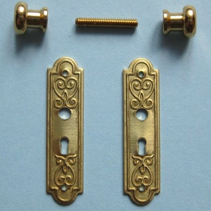 Puede incluir: Dos placas de puerta de latón ornamentadas con un ojo de cerradura y decoración de volutas. Las placas se acompañan de dos pomos de latón y un tornillo.