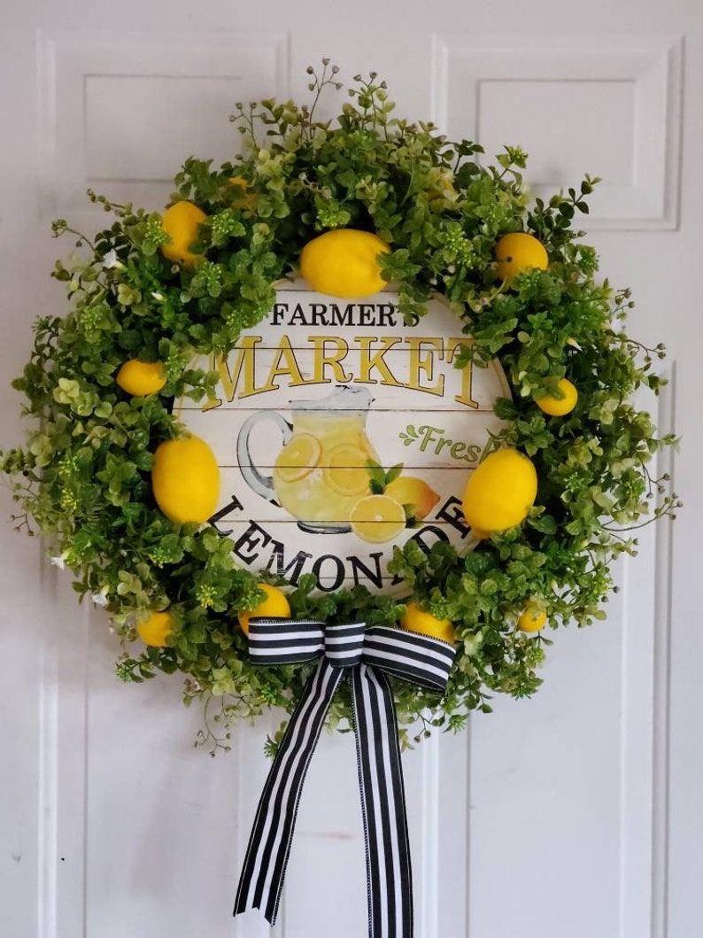 Lemons and Greenery Wreath with lemonade sign for front door, Spring Wreath, Summer Wreath, Everyday Wreath image 6