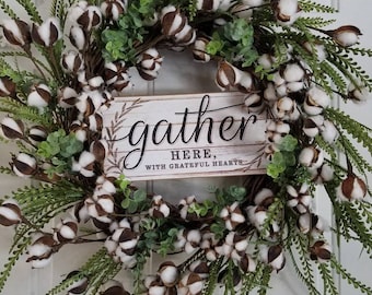 XL Everyday Farmhouse Wreath for front door, Cotton boll Grapevine Wreath