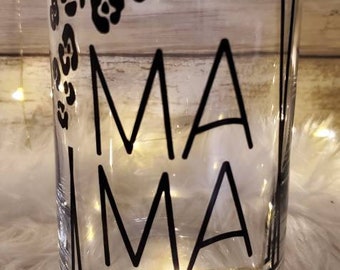 Beer Can Glass, 16 oz Libby glass, Coffee, Tea Cheetah design, Mama