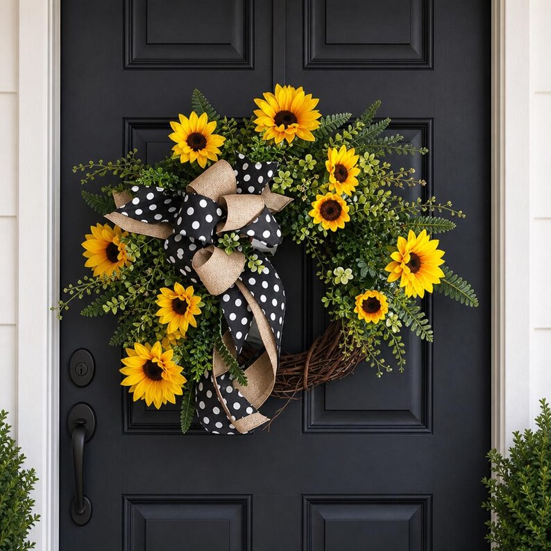 May include: A round wreath featuring bright yellow sunflowers and green foliage arranged on a brown twig base. A large decorative bow made of black fabric with white polka dots and tan burlap ribbon is attached to the side of the floral arrangement.