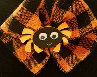 Plaid orange and black bow - Spider bow - Halloween bow