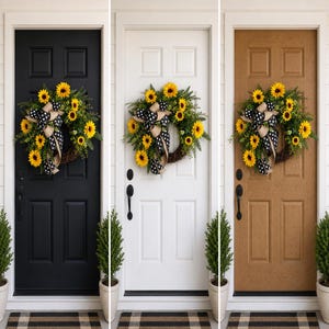Sunflower and greenery wreath shown on 3 different color background doors - black, white and wood - for side by side comparison.