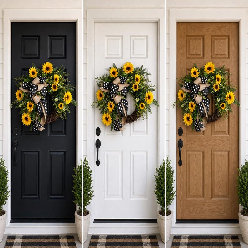 Sunflower and greenery wreath shown on 3 different color background doors - black, white and wood - for side by side comparison.