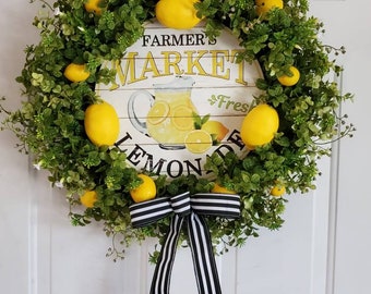 Lemons and Greenery Wreath with lemonade sign for front door, Spring Wreath, Summer Wreath, Everyday Wreath