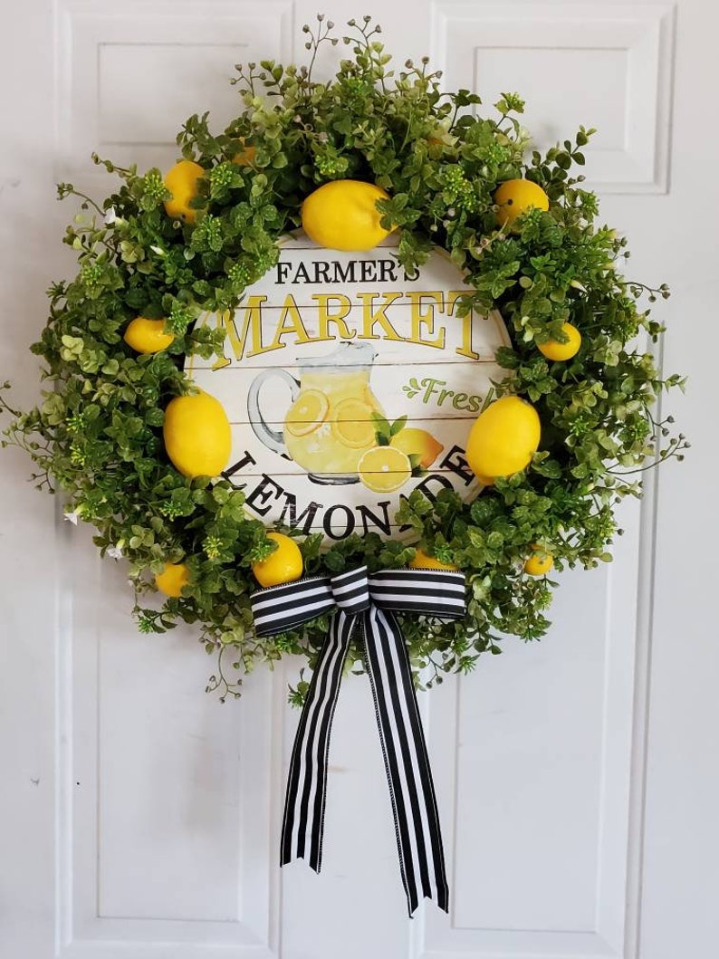 Lemons and Greenery Wreath with lemonade sign for front door, Spring Wreath, Summer Wreath, Everyday Wreath image 1