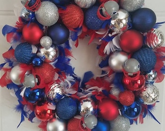 New England Patriots football inspired wreath, Ornament wreath for front door, Patriots fan football wreath