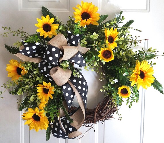 Sunflower Wreath with Polka Dot Bow • Summer Front Door Decor