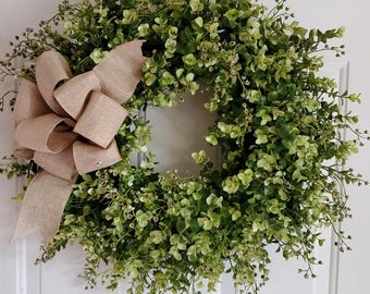 Boxwood Wreath with Linen Bow, Greenery Farmhouse Grapevine Door Decor, Year-Round Wreath