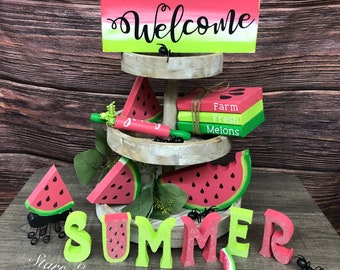 Watermelon tier tray decor. Watermelon cutouts. welcome Watermelon signs. Watermelon slices. Summer cutouts. Watermelon with ant. Faux books