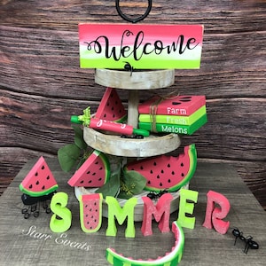Watermelon tier tray decor. Watermelon cutouts. welcome Watermelon signs. Watermelon slices. Summer cutouts. Watermelon with ant. Faux books