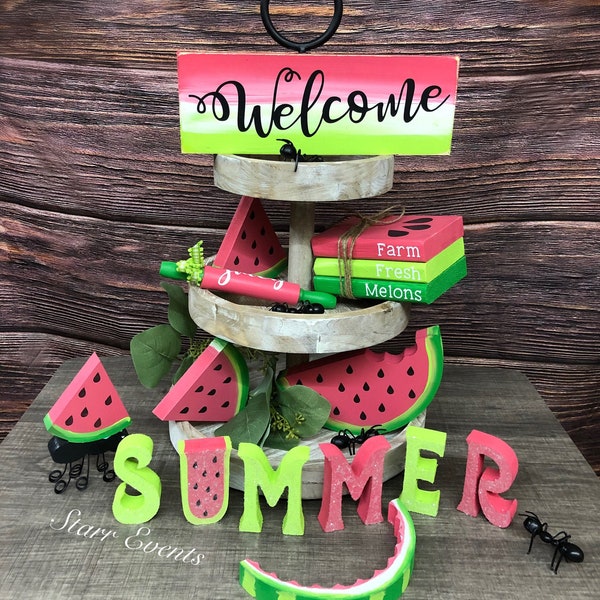 Watermelon tier tray decor. Watermelon cutouts. welcome Watermelon signs. Watermelon slices. Summer cutouts. Watermelon with ant. Faux books