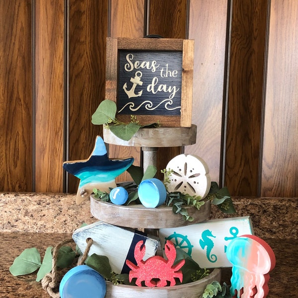 Beach tier tray decor. Beach cutouts. Summer cutouts. Summer tier tray. Seas the day sign. Jelly fish cutout. Star fish cutout. Sanddollar