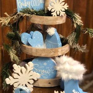 Winter tier tray decor. Winter cutouts. baby its cold outside. Snowflakes for tier trays. Christmas tiered tray. Winter decor Snow boots