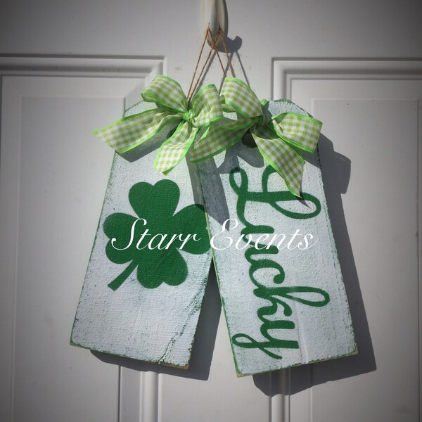 Lucky sign. Wooden tag signs for the front door. St. Patrick's Day Sign. Decorations for St Patricks Day. Tag signs. Saint. Patty's day.